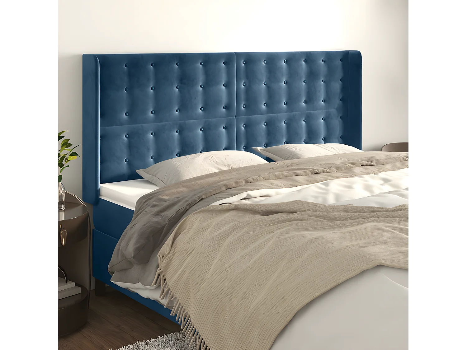 Cabecero con orejas de terciopelo azul oscuro 203x16x118/128 cm