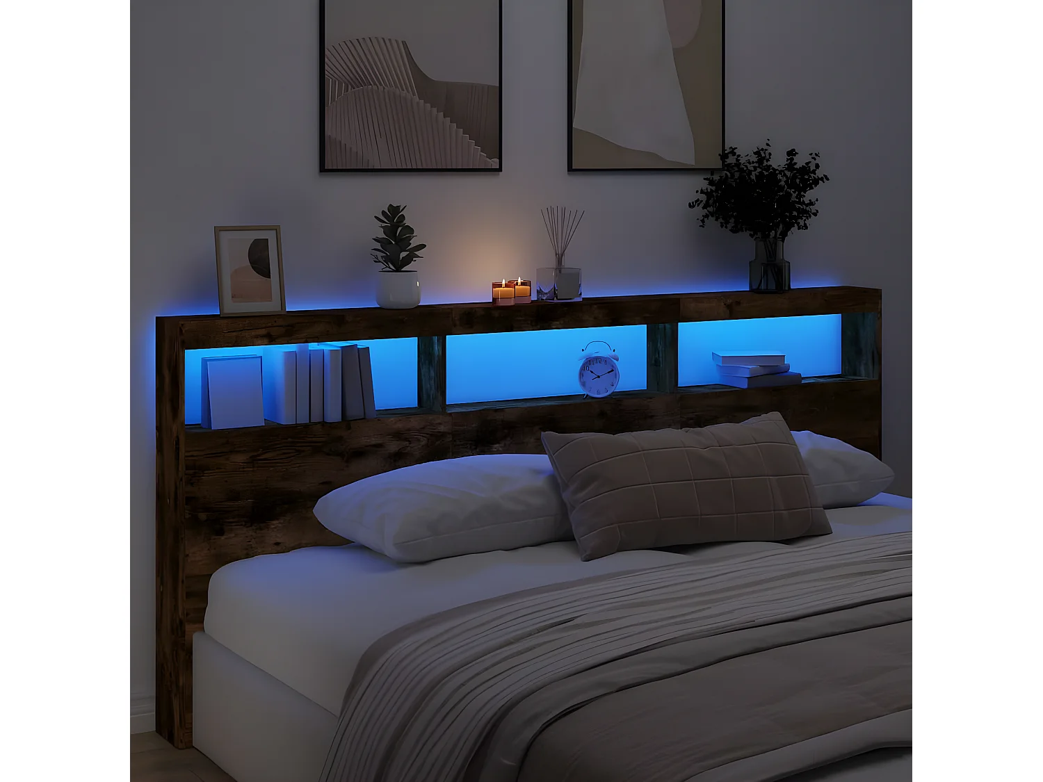 Armoire tête de lit avec LED chêne fumé 220x17x102 cm