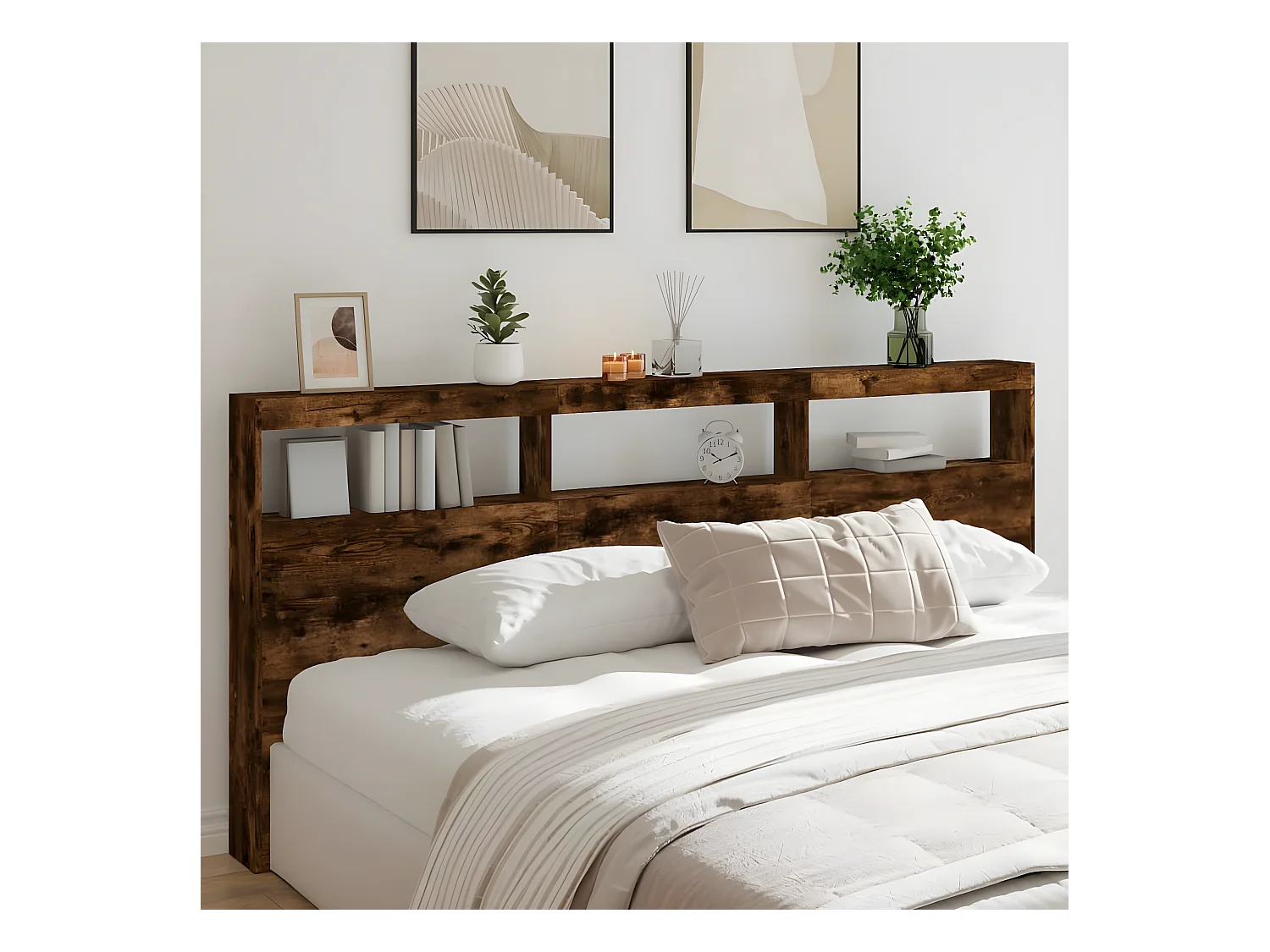 Armoire tête de lit avec LED chêne fumé 220x17x102 cm