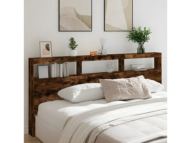 Hoofdbordkast met LED-verlichting 220x17x102 cm gerookt eiken