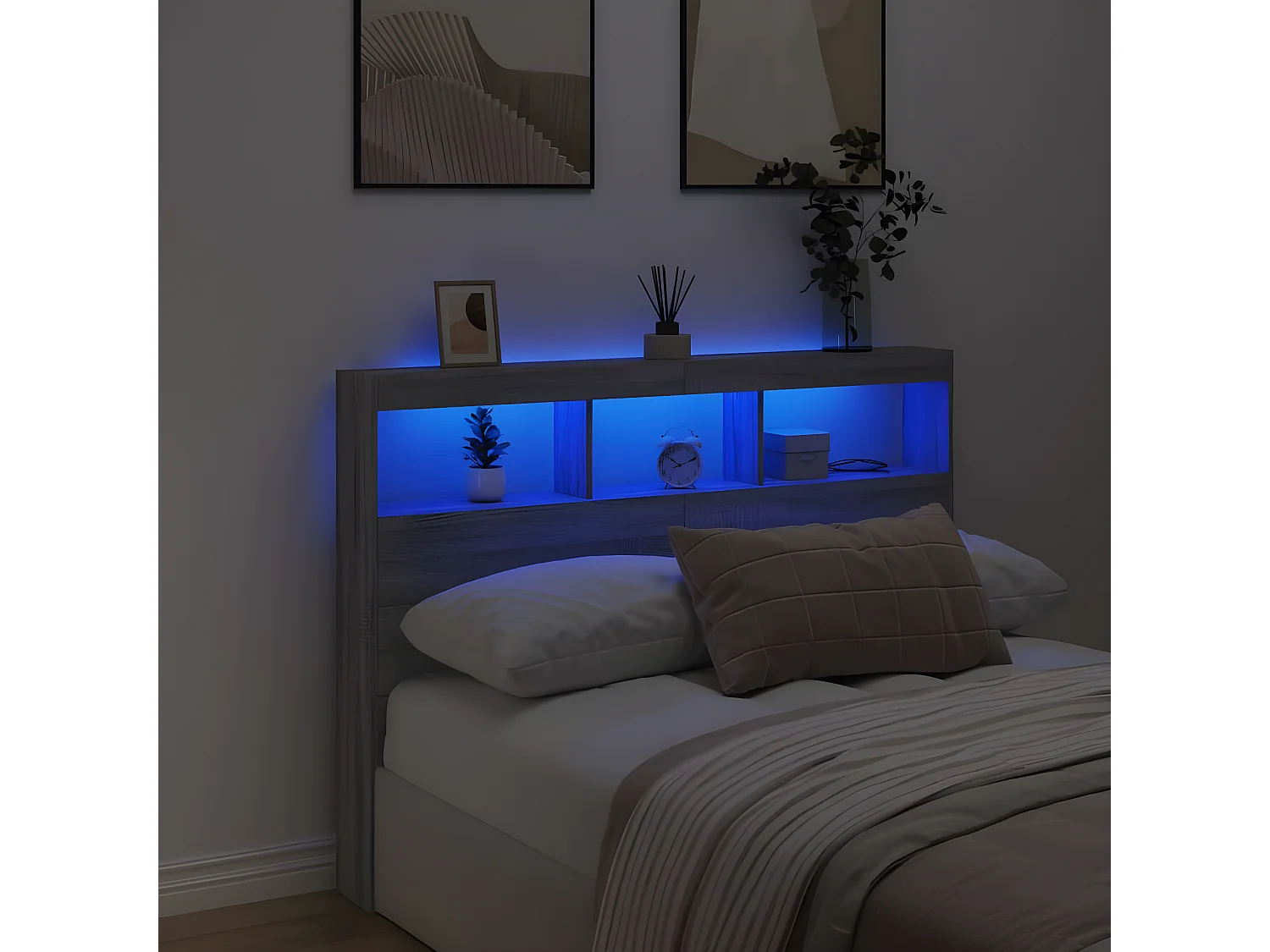 Armoire tête de lit avec LED sonoma gris 140x17x102 cm