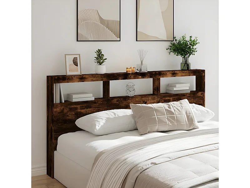 Armoire tête de lit avec LED chêne fumé 200x17x102 cm