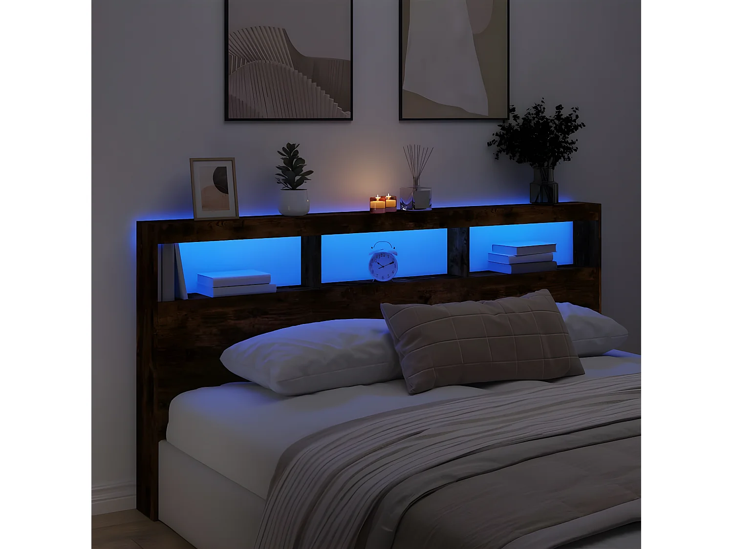 Armoire tête de lit avec LED chêne fumé 200x17x102 cm