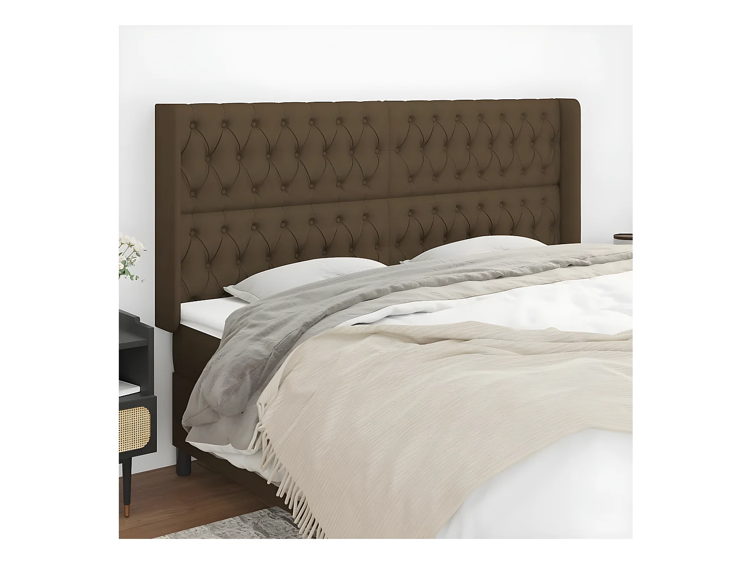 Tête de lit avec oreilles Marron foncé 203x16x118/128 cm Tissu