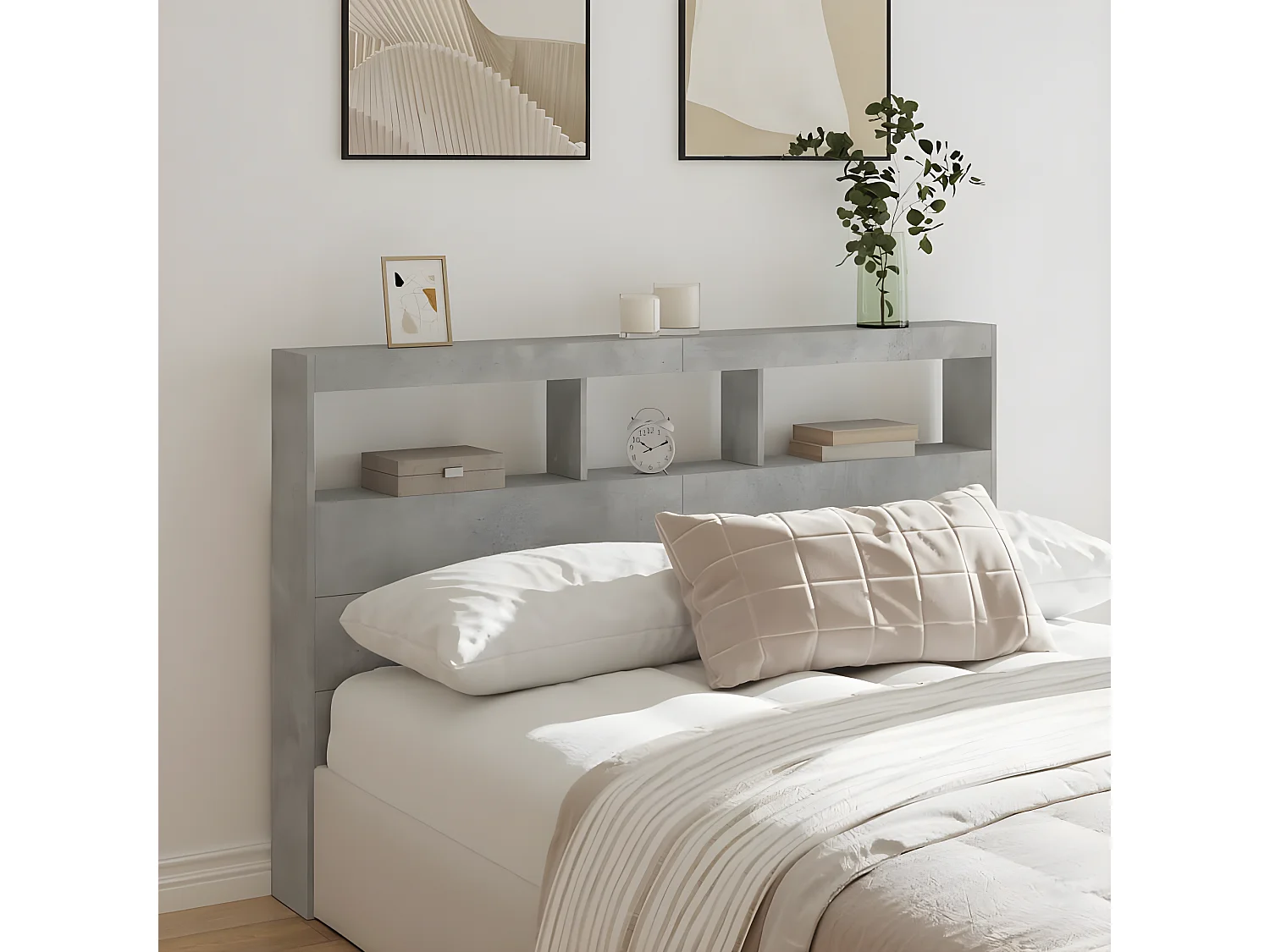 Armoire tête de lit avec LED gris béton 160x17x102 cm