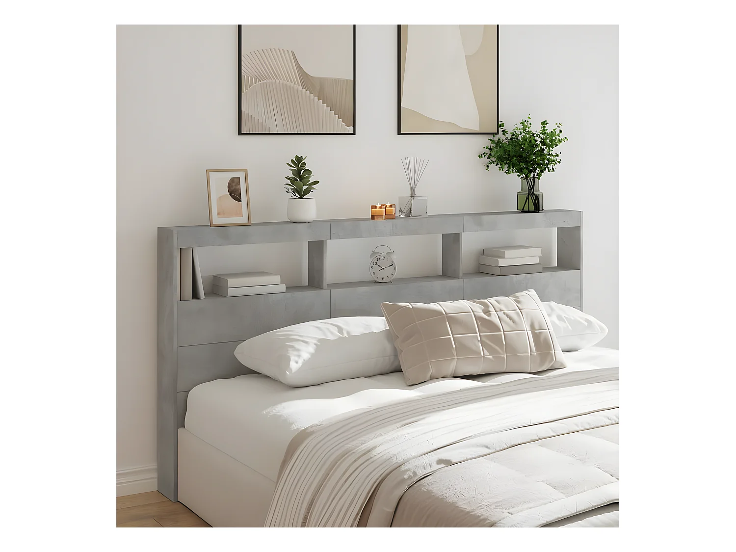 Armoire tête de lit avec LED gris béton 200x17x102 cm