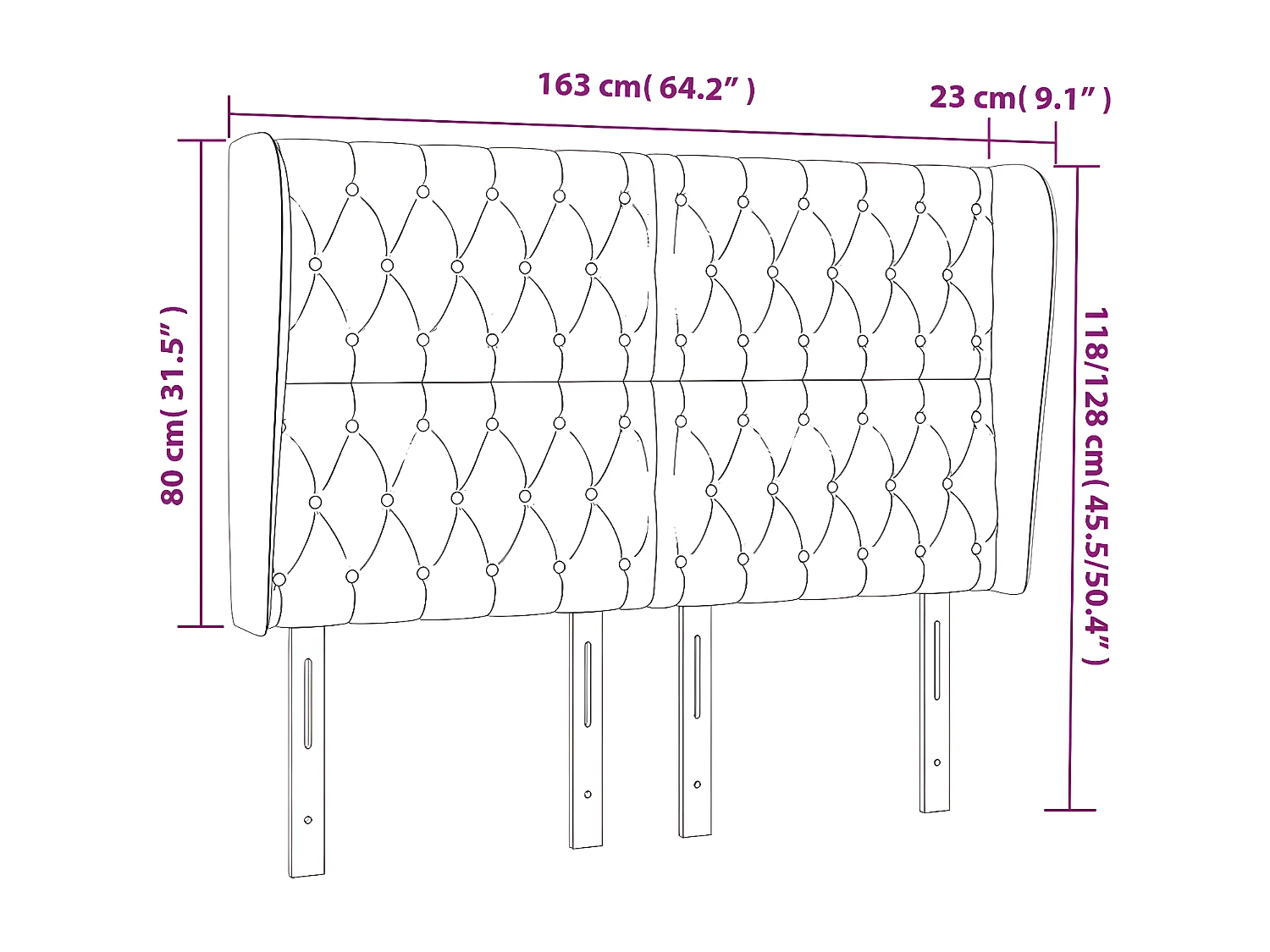 Tête de lit avec oreilles Noir 163x23x118/128 cm Velours