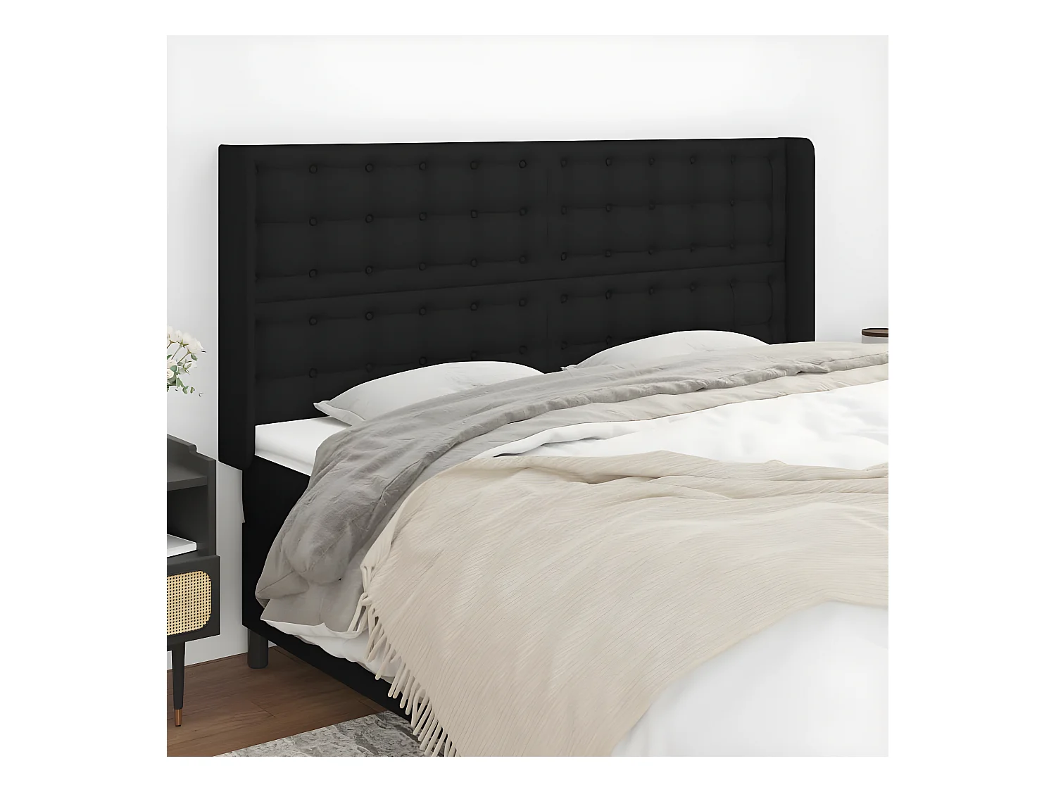 Cabecero con orejas de tela negro 163x16x118/128 cm