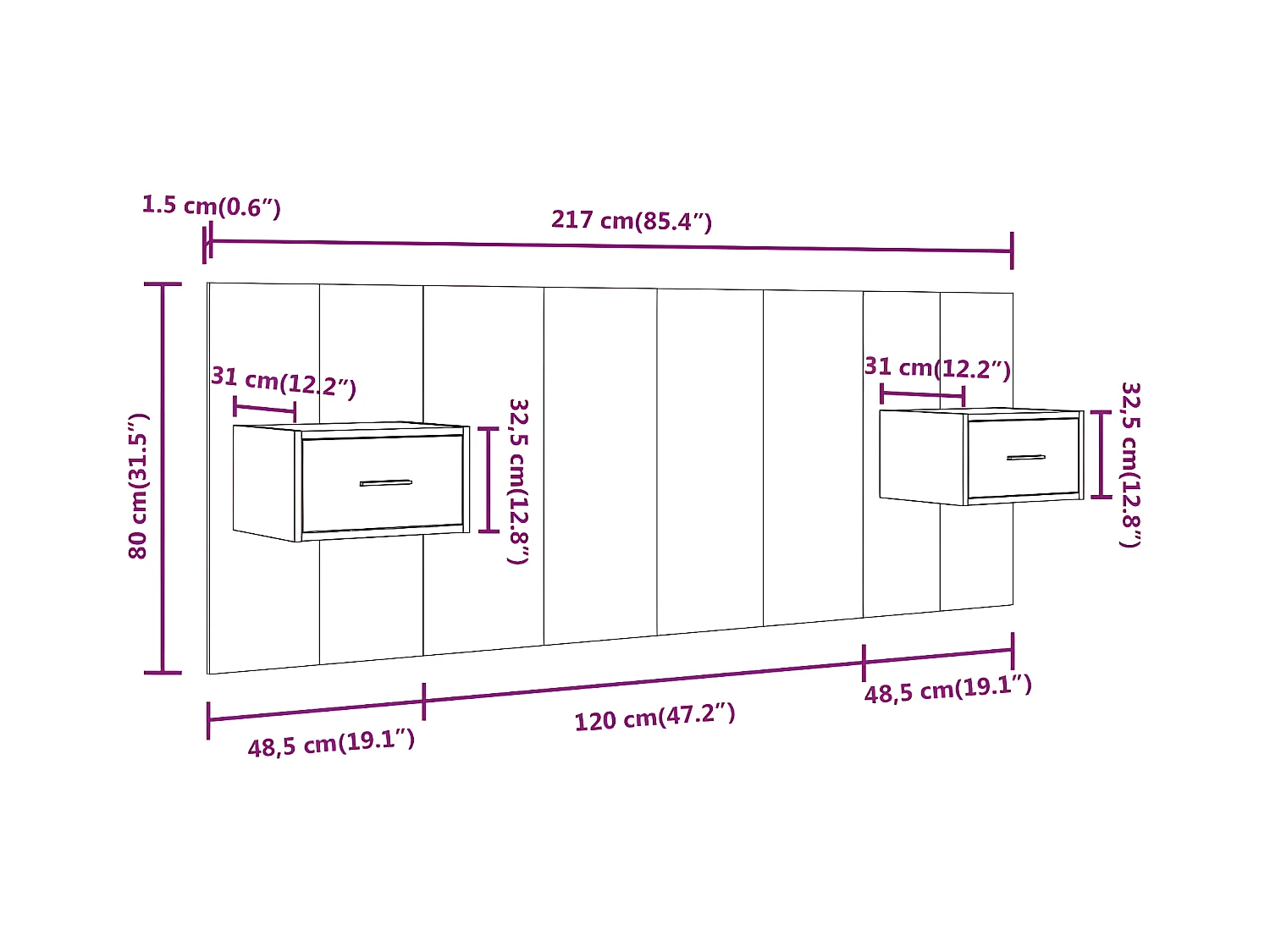 Cabecero de cama con mesitas madera contrachapada gris Sonoma