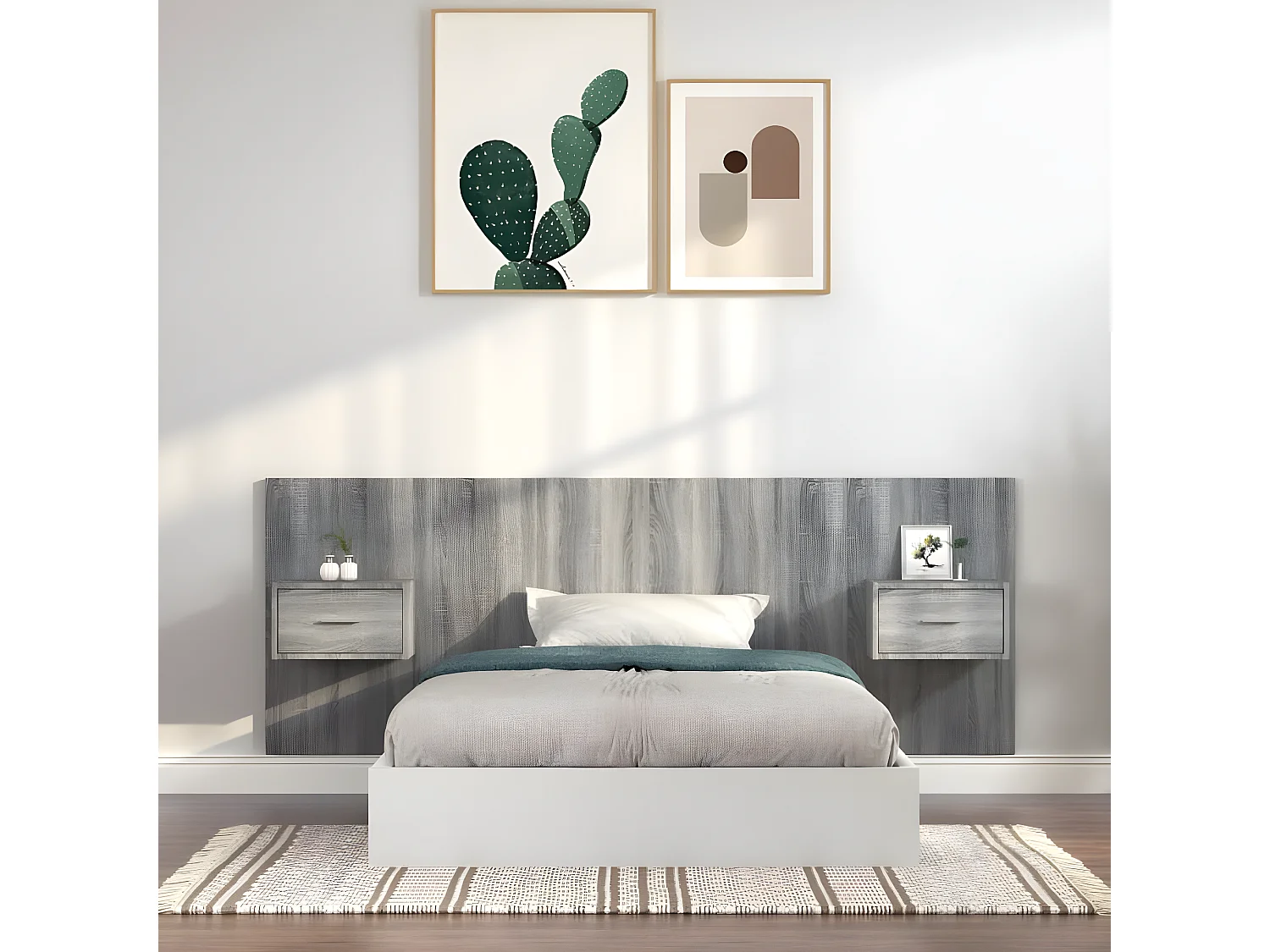 Cabecero de cama con mesitas madera contrachapada gris Sonoma
