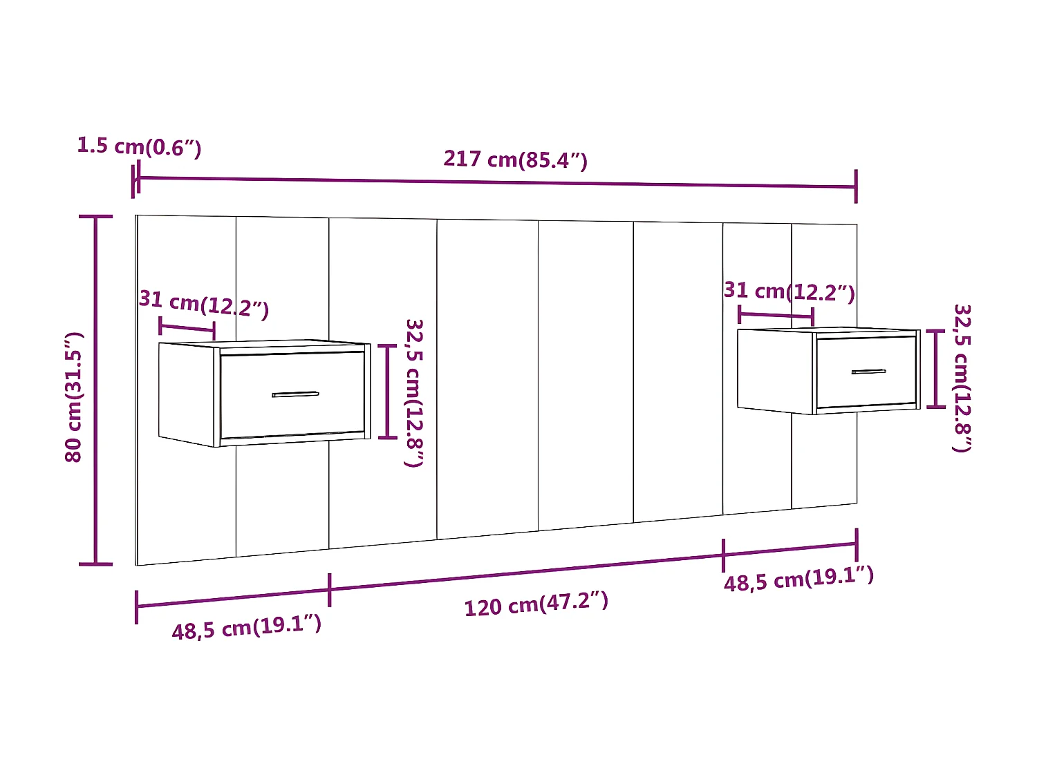 Cabecero de cama con mesitas madera contrachapada gris Sonoma
