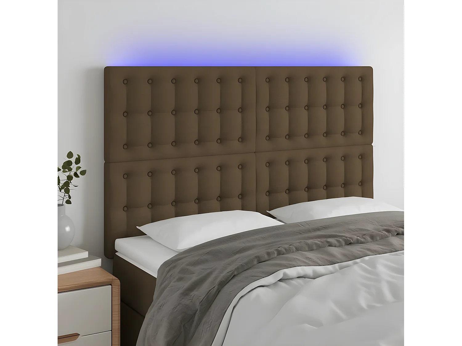Tête de lit à LED Marron foncé 144x5x118/128 cm Tissu