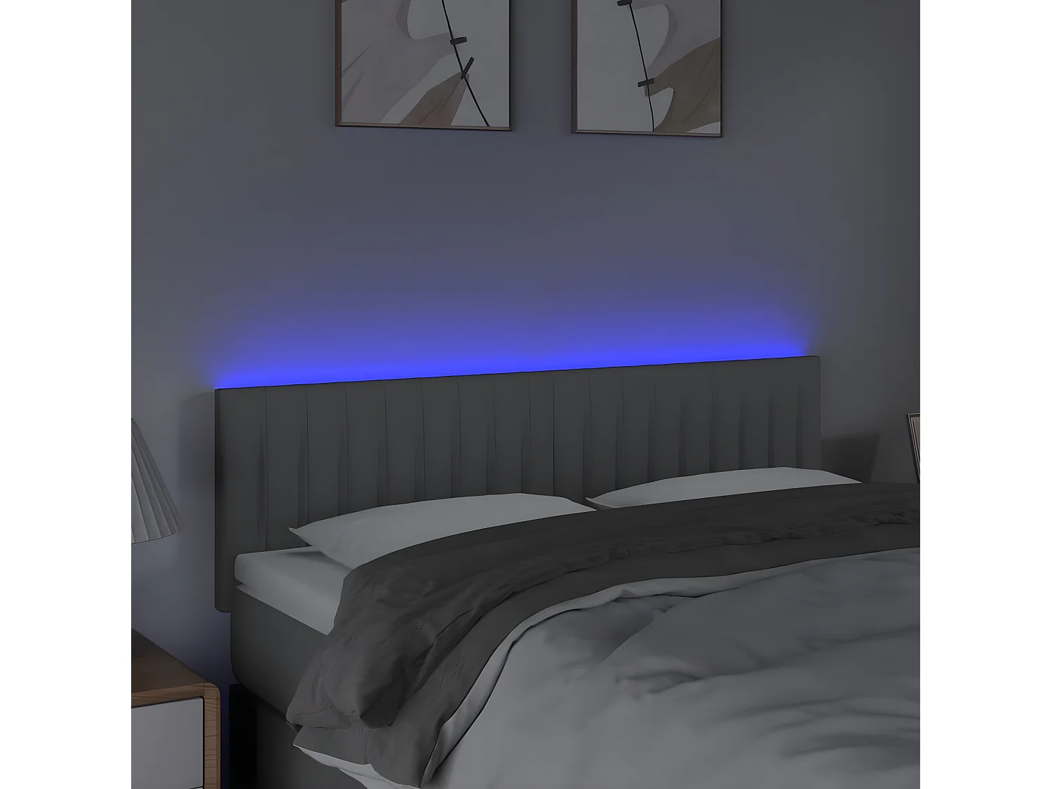Cabeceira de cama c/ luzes LED tecido 144x5x78/88cm cinza-claro