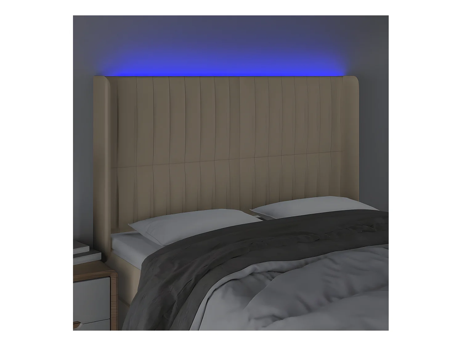 Cabecero con LED de tela color crema 147x16x118/128 cm