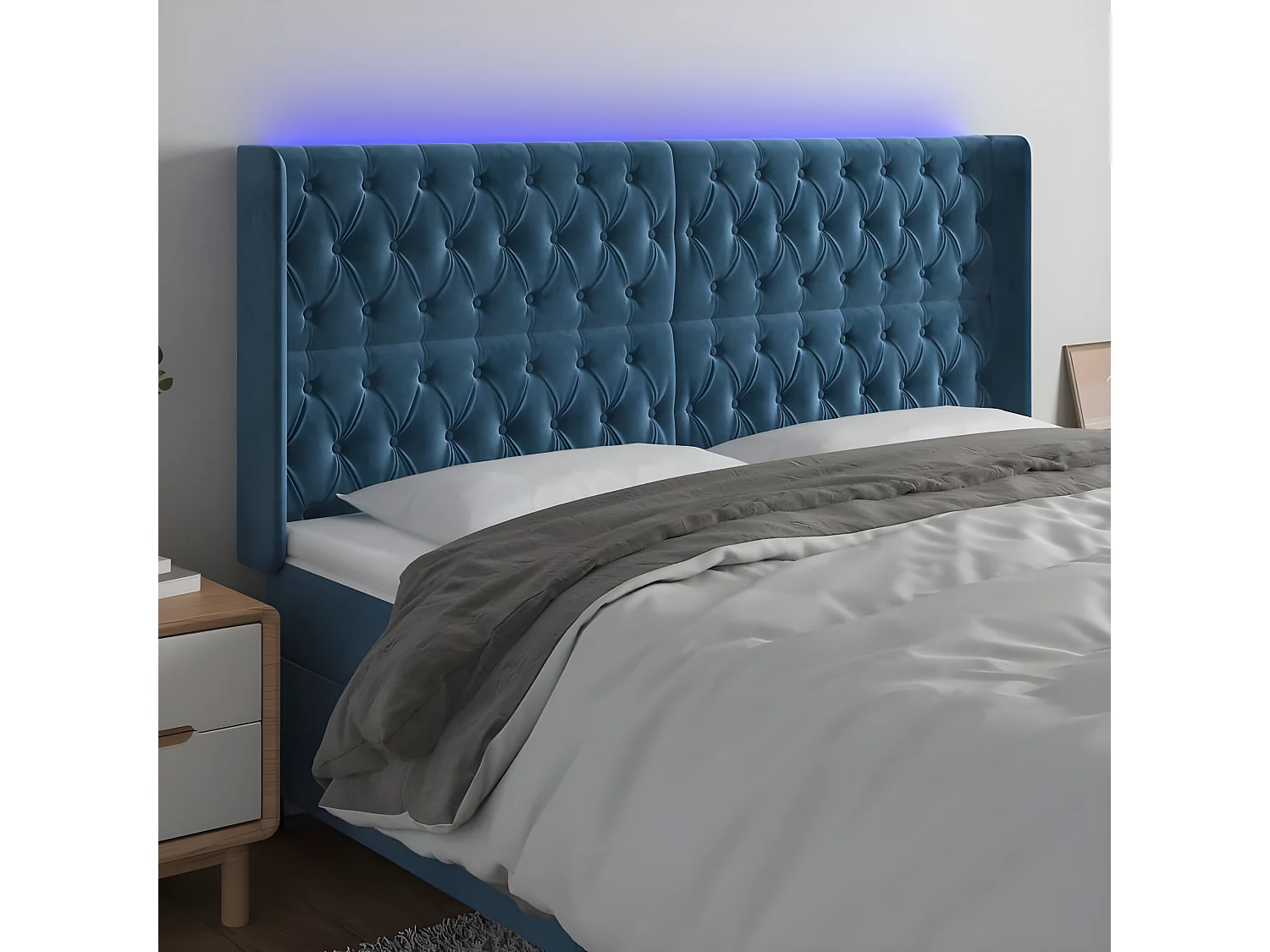 Cabeceira cama c/ luzes LED veludo 203x16x118/128cm azul-escuro