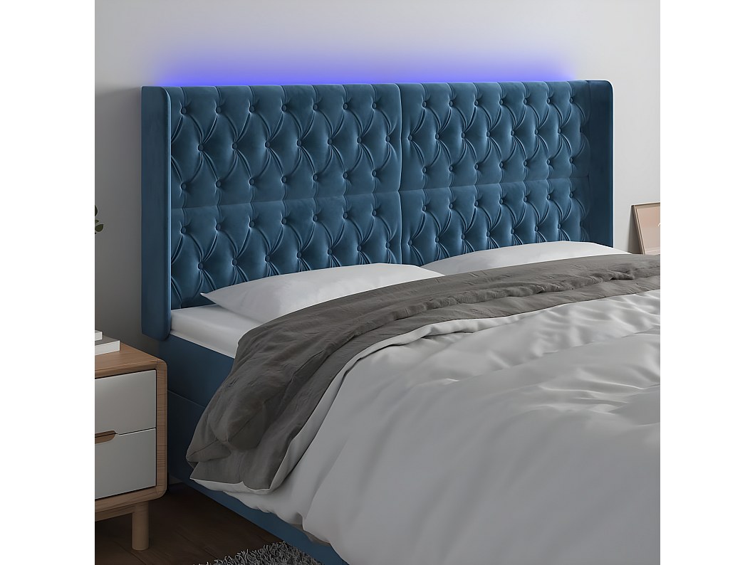 Cabecero con LED de terciopelo azul oscuro 203x16x118/128 cm