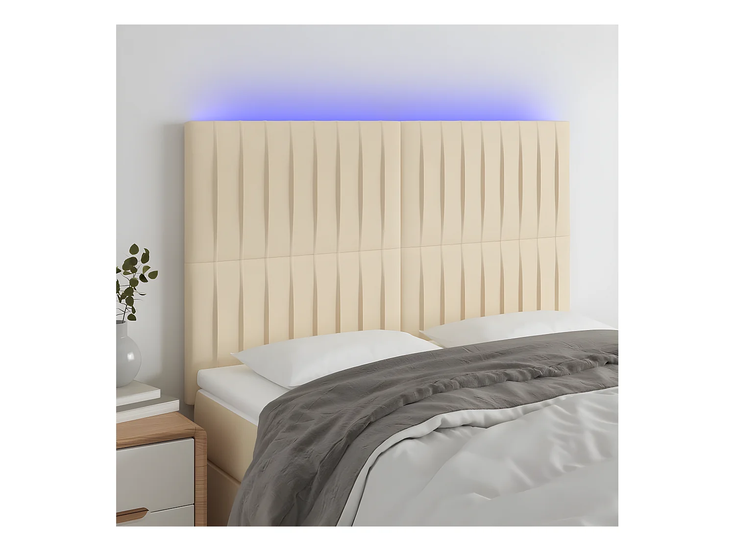 Cabecero con luces LED tela crema 144x5x118/128 cm