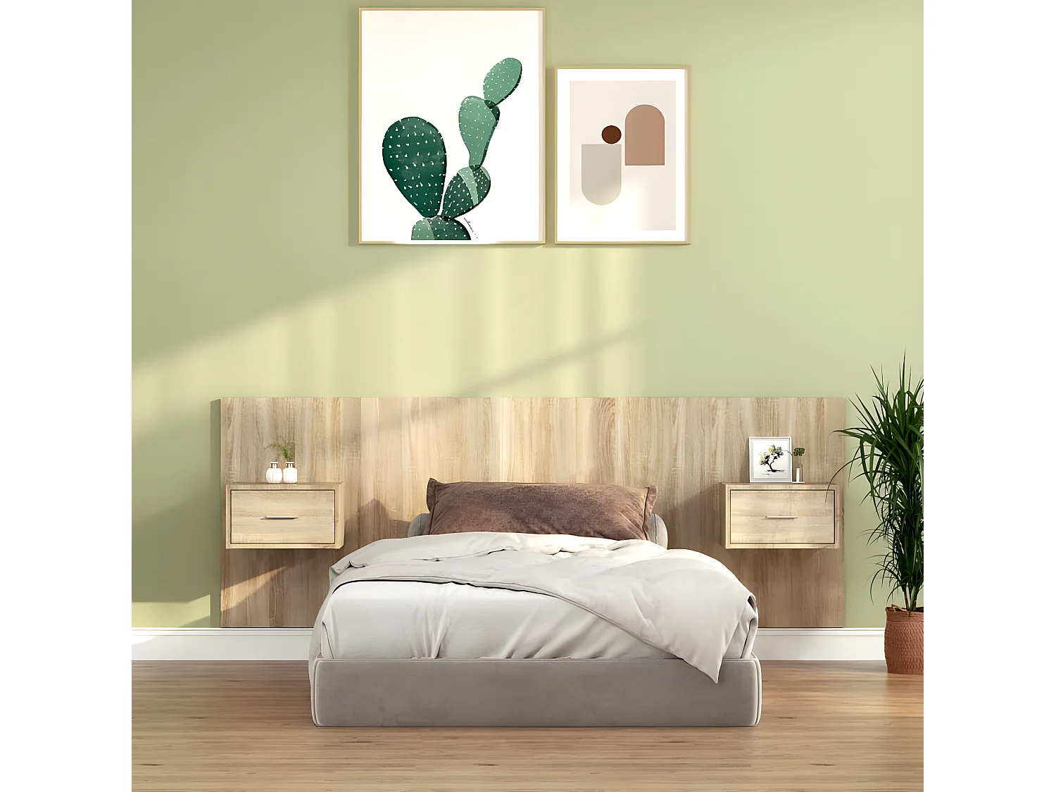 Cabecero de cama con mesitas madera contrachapada roble Sonoma