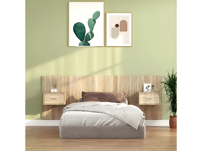 Cabecero de cama con mesitas madera contrachapada roble Sonoma