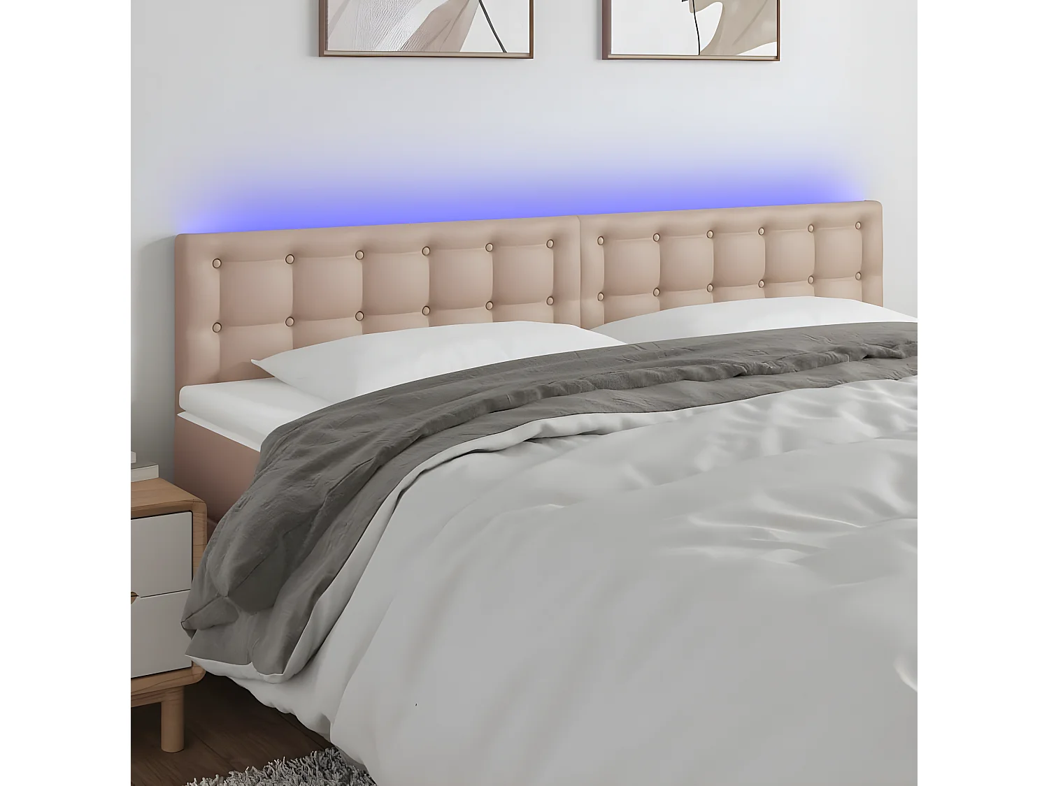 Cabeceira cama c/ LED couro artificial 200x5x78/88cm cappuccino