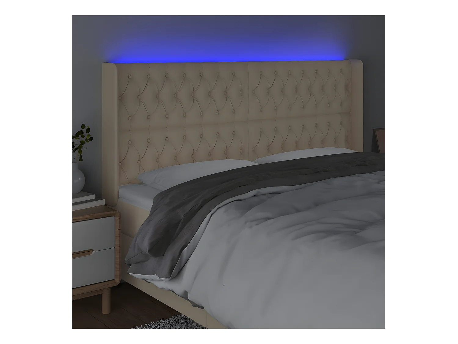 Cabecero con LED de tela color crema 203x16x118/128 cm