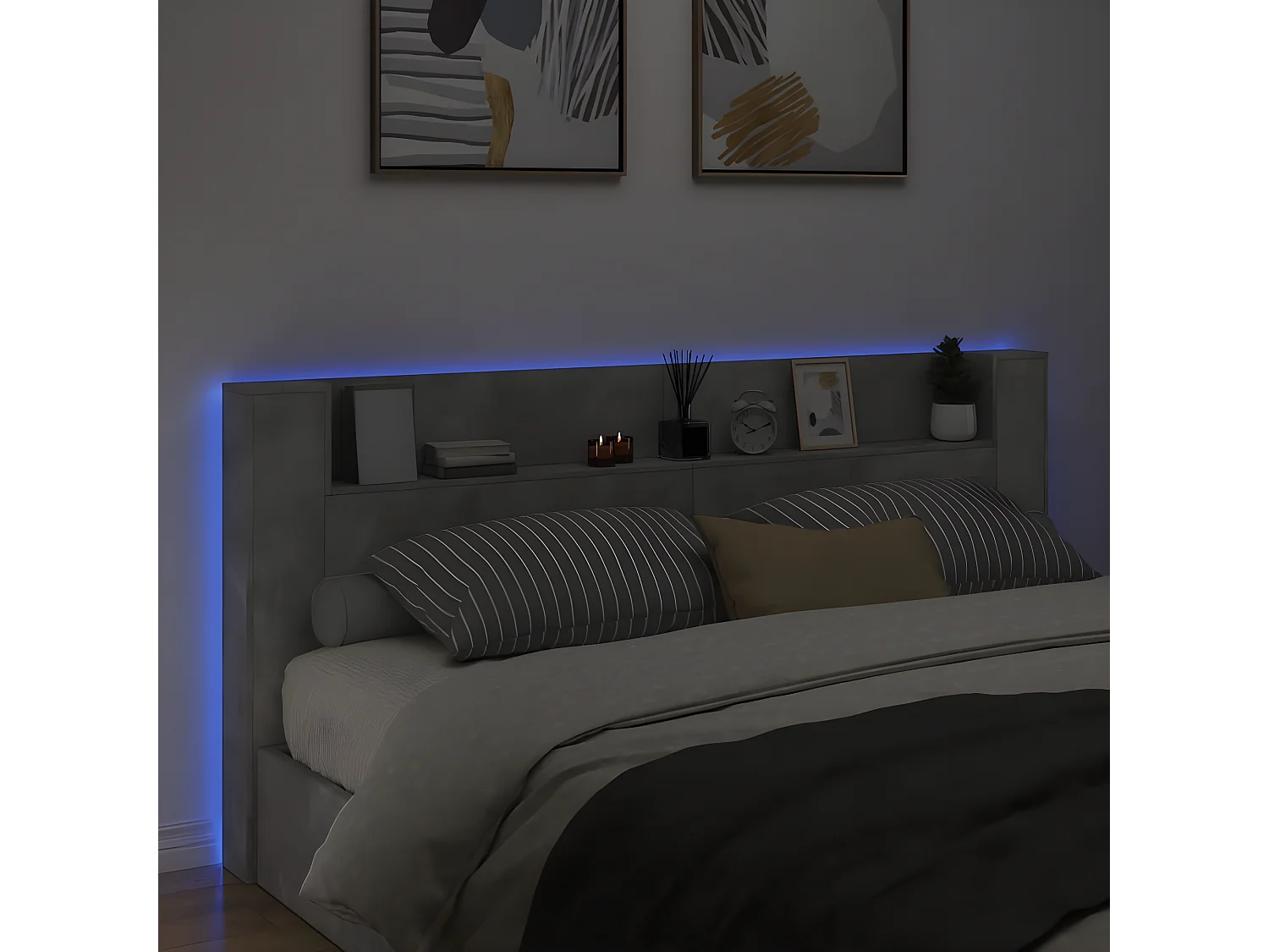 Armoire tête de lit avec LED gris béton 220x16,5x103,5 cm