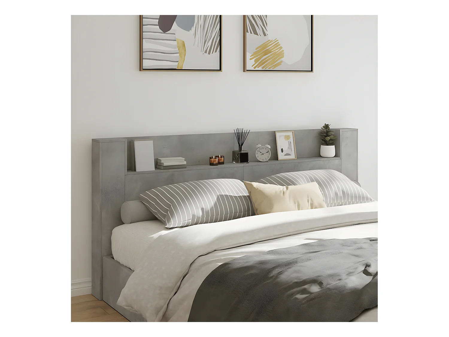 Armoire tête de lit avec LED gris béton 220x16,5x103,5 cm