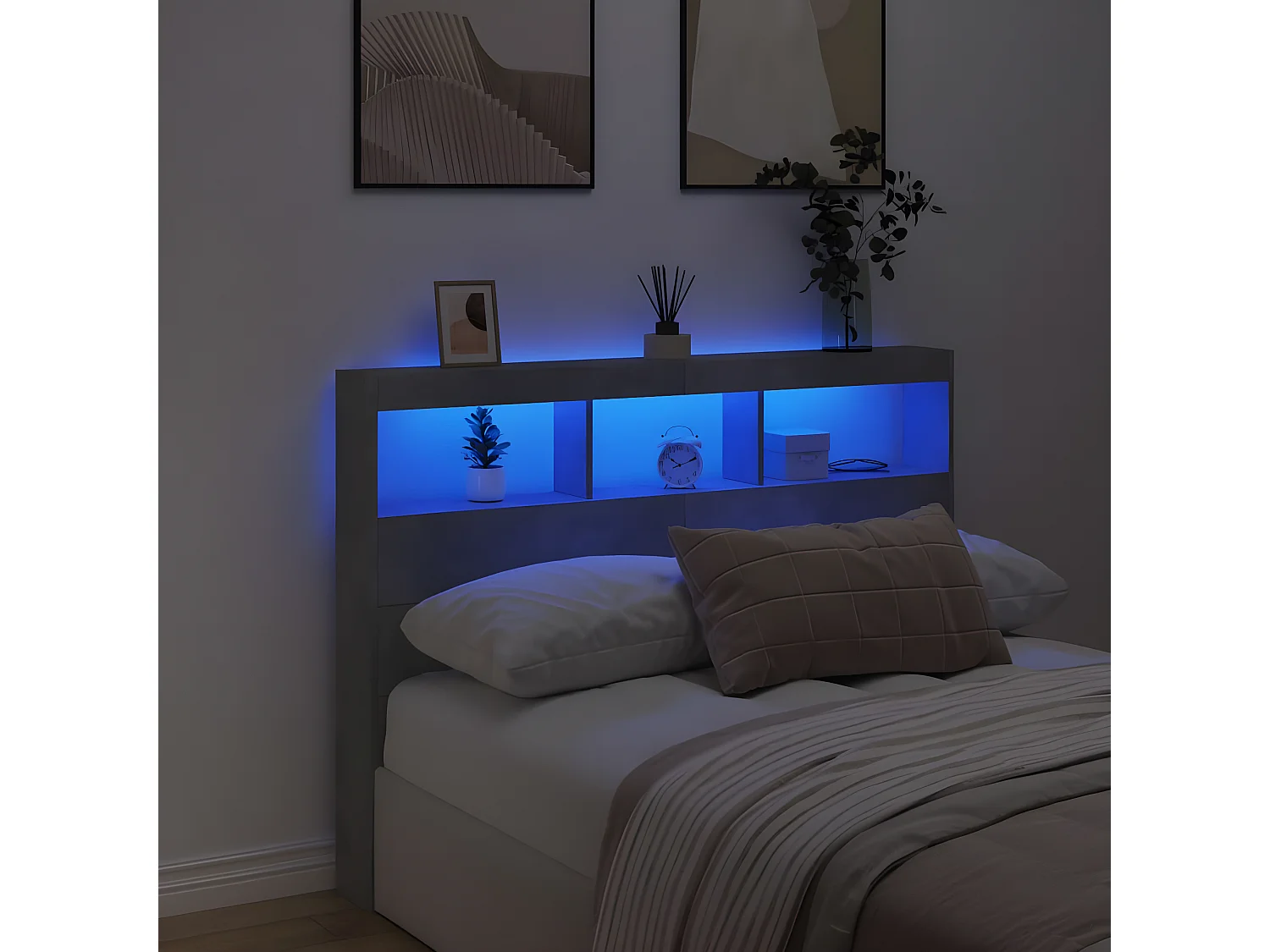 Armoire tête de lit avec LED gris béton 140x17x102 cm