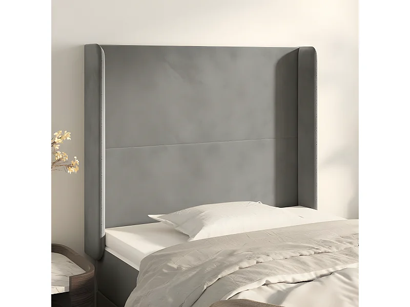 Cabeceira de cama c/ abas veludo 93x16x118/128cm cinzento-claro