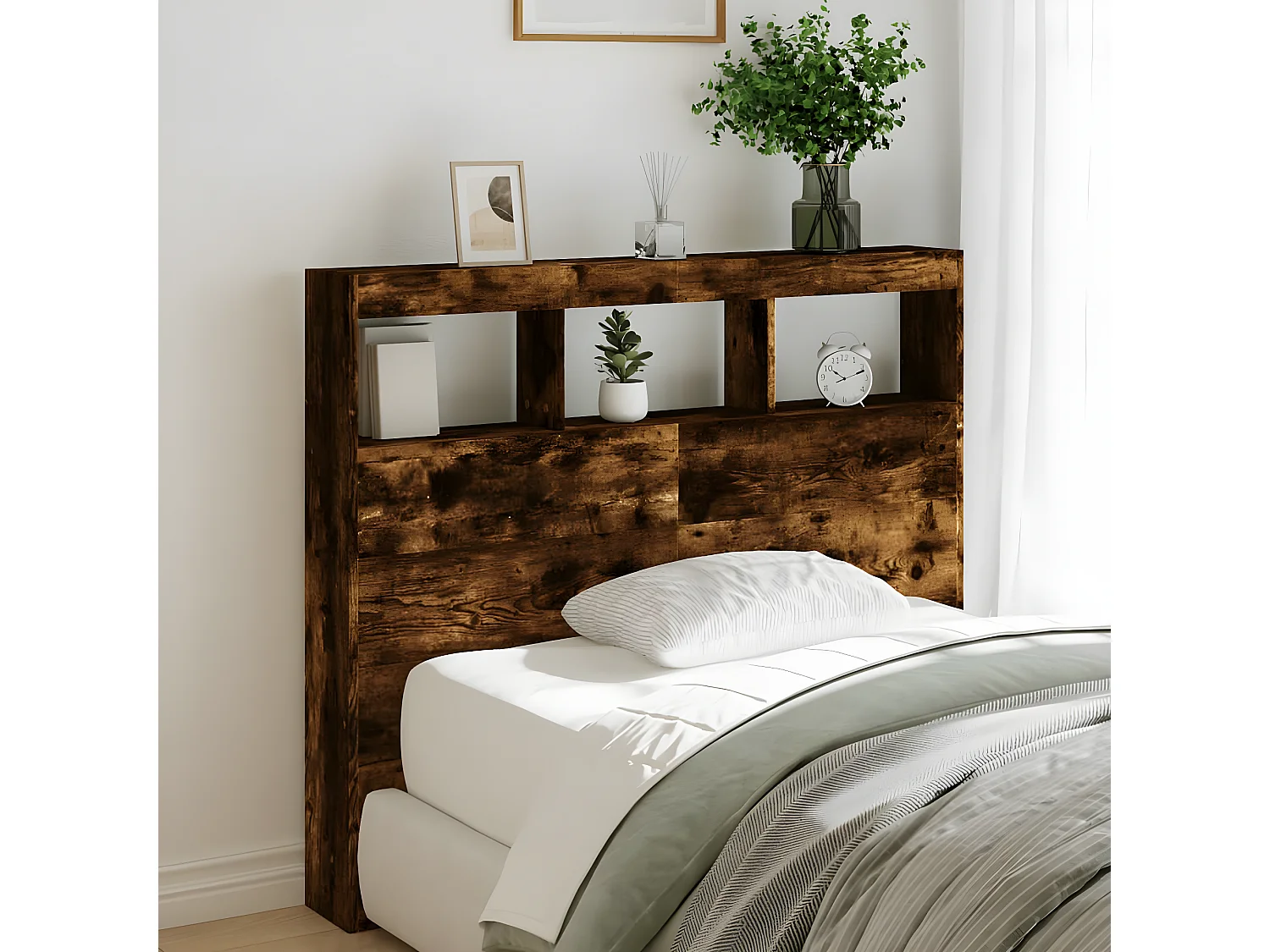 Armoire tête de lit avec LED chêne fumé 120x17x102 cm