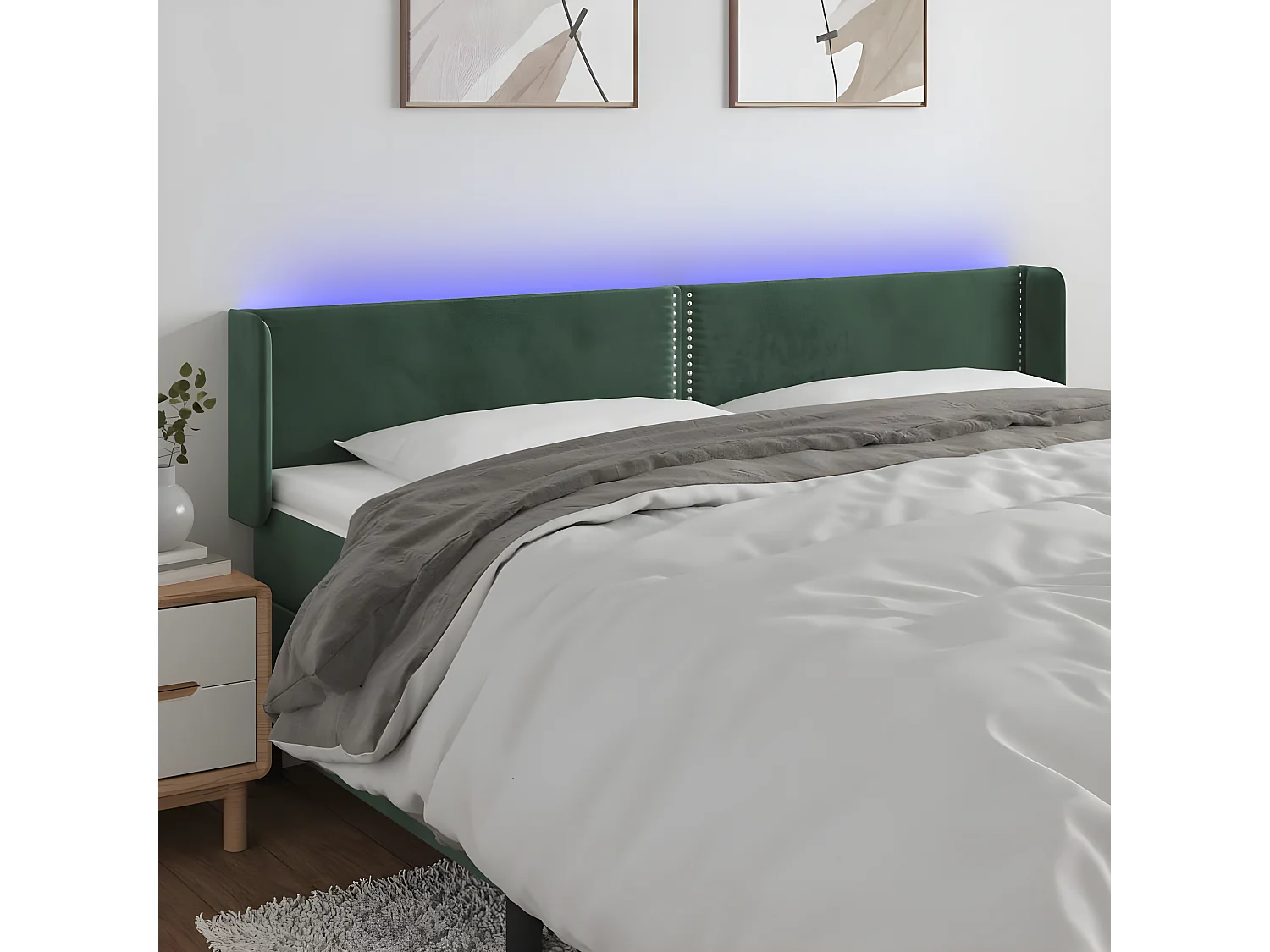 Cabeceira cama c/ luzes LED veludo 163x16x78/88 cm verde-escuro
