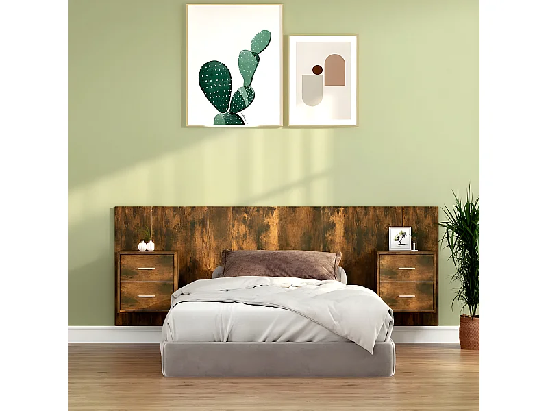 Cabecero de cama con mesitas madera contrachapada roble ahumado