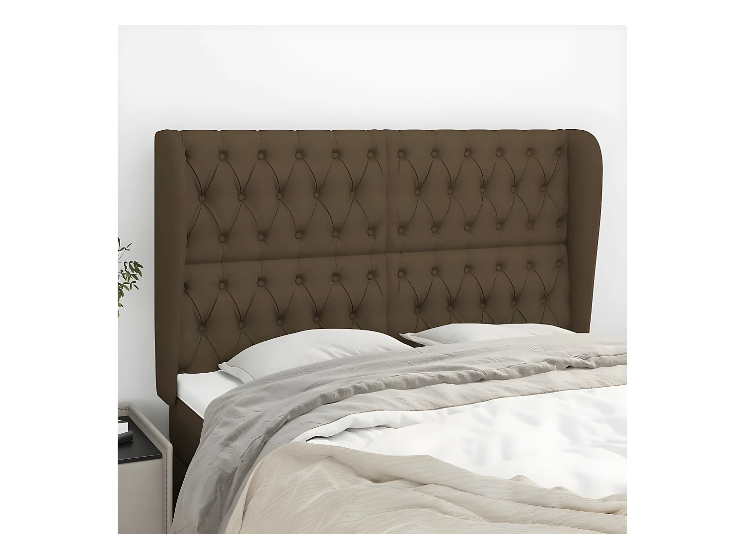 Tête de lit avec oreilles Marron foncé 147x23x118/128 cm Tissu