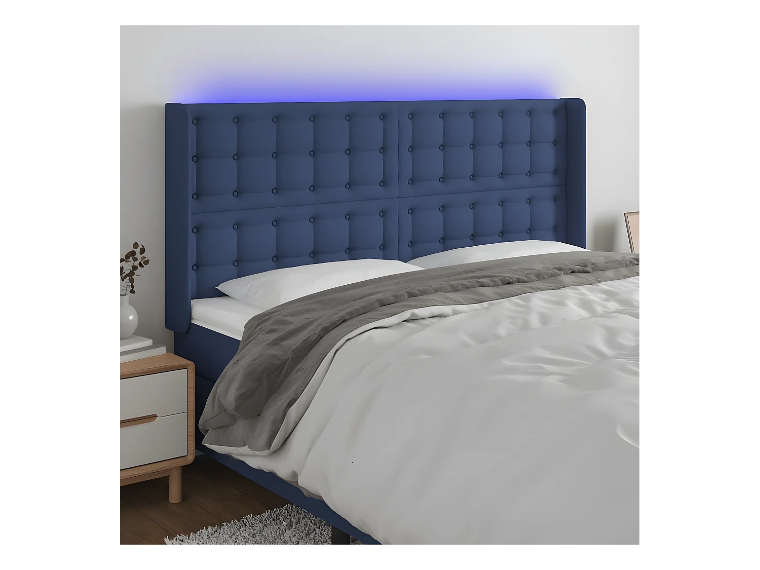 Cabecero con LED de tela azul 183x16x118/128 cm