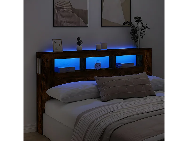 Tête de lit à LED chêne fumé 180x18,5x103,5cm bois d'ingénierie