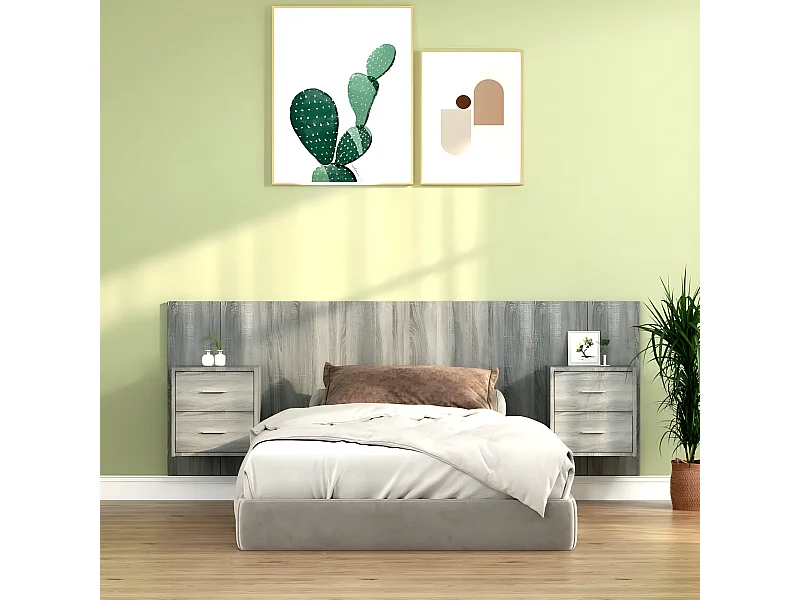 Cabecero de cama con mesitas madera contrachapada gris Sonoma