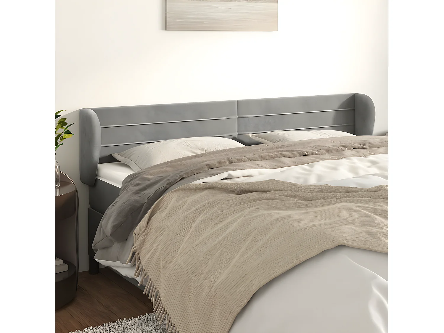 Cabeceira de cama c/ abas veludo 163x23x78/88 cm cinzento-claro