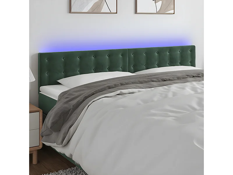 Cabeceira de cama c/luzes LED veludo 160x5x78/88cm verde-escuro