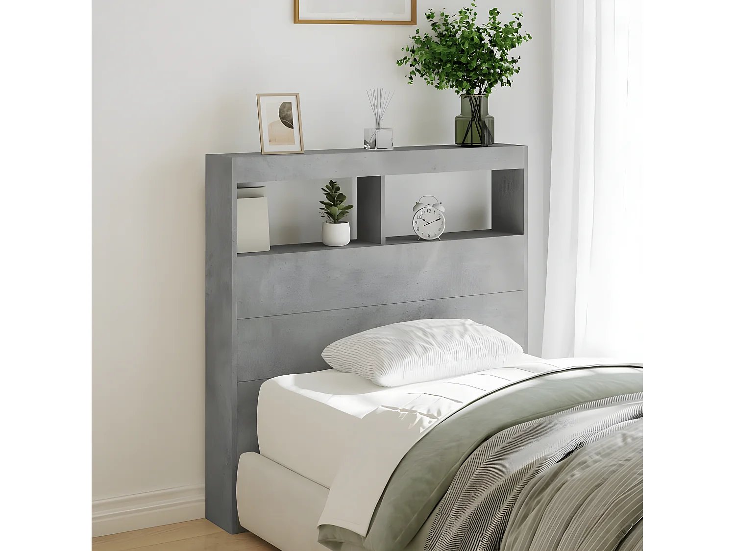 Armoire tête de lit avec LED gris béton 100x17x102 cm