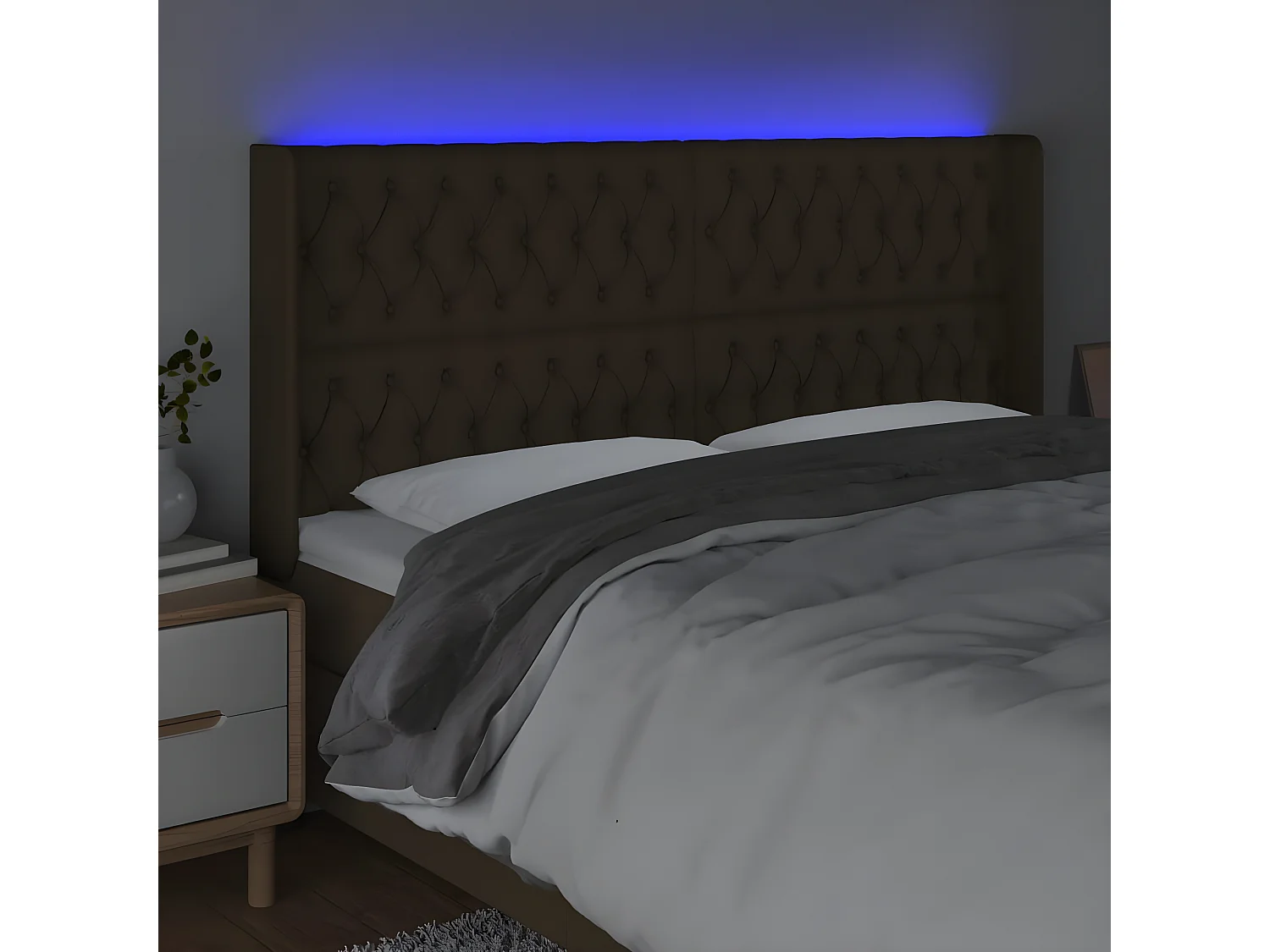 Hoofdbord LED 183x16x118/128 cm stof donkerbruin