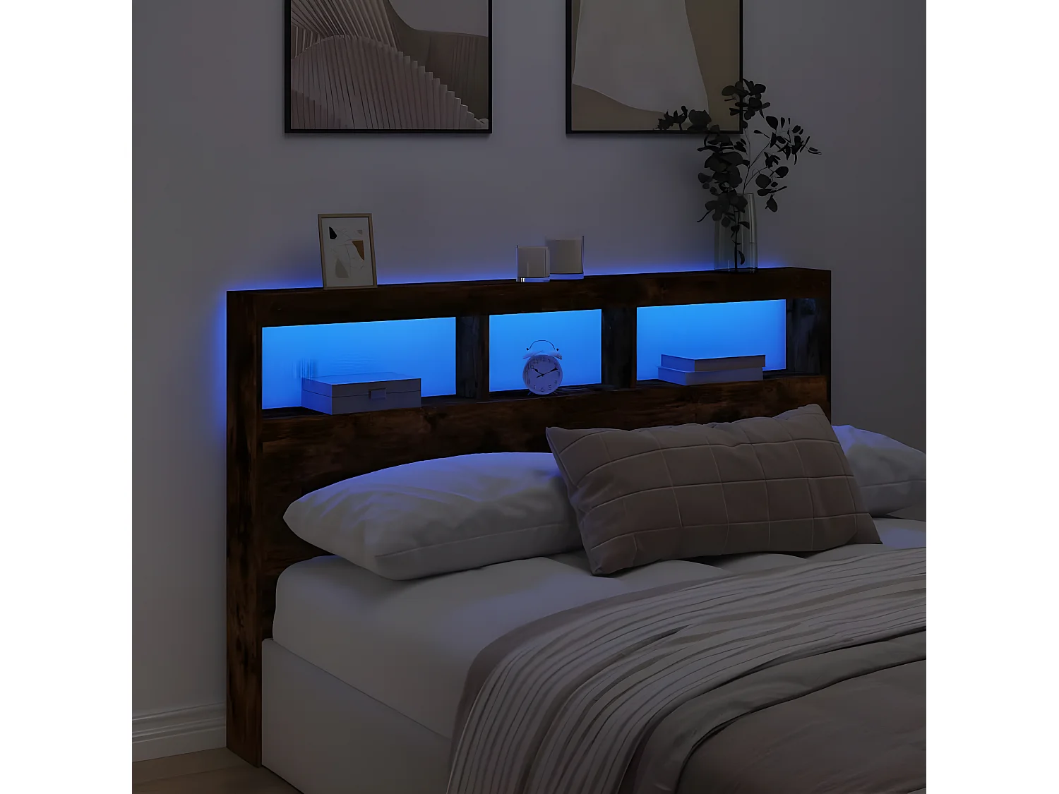 Hoofdbordkast met LED-verlichting 160x17x102 cm gerookt eiken