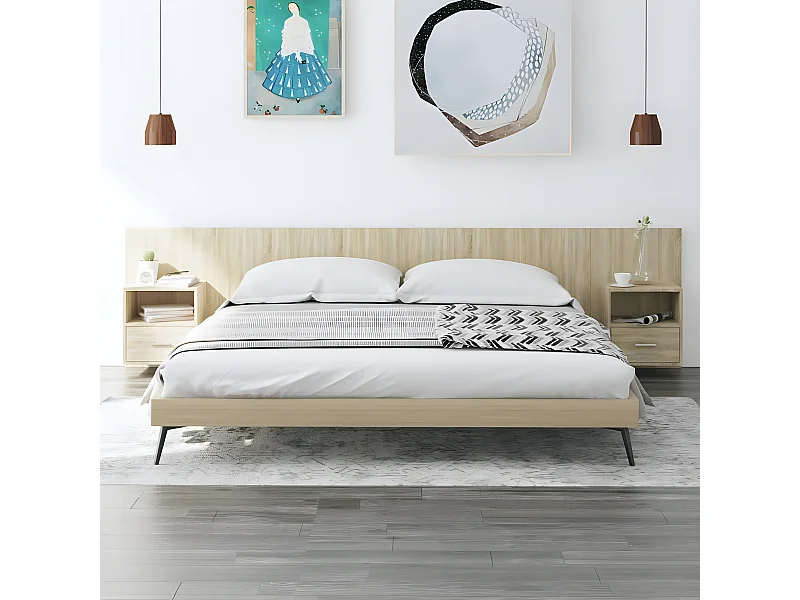 Cabecero de cama con mesitas madera contrachapada roble Sonoma