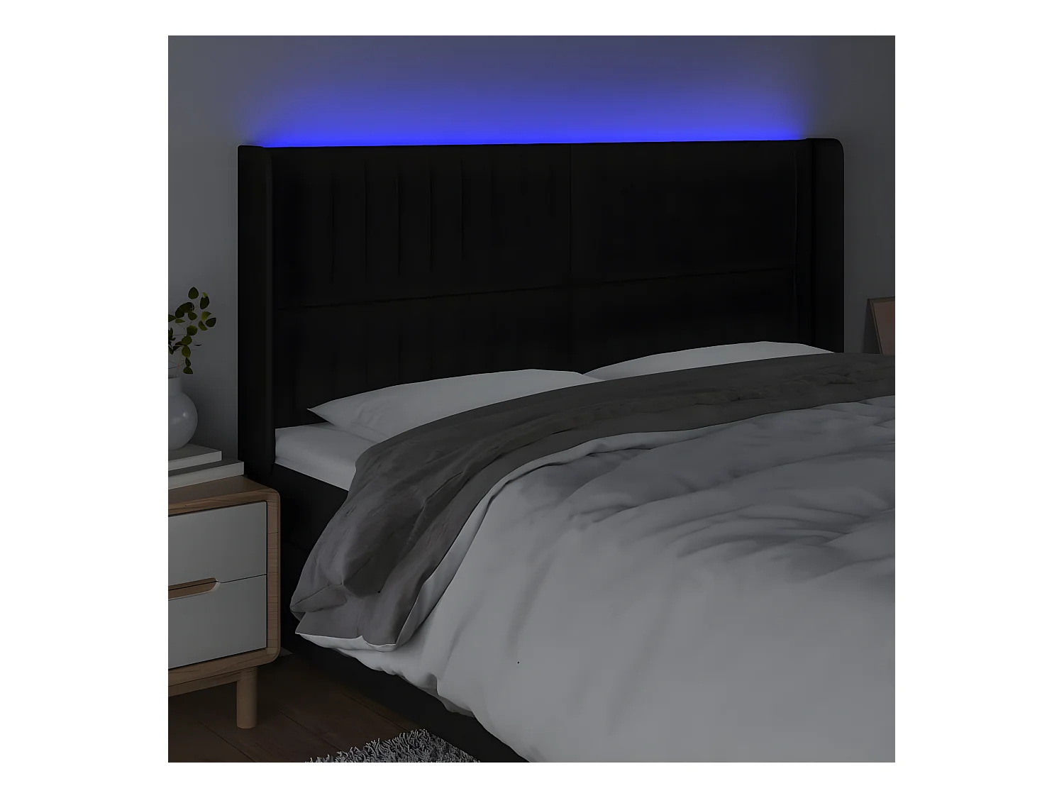 Cabecero con LED de tela negro 163x16x118/128 cm