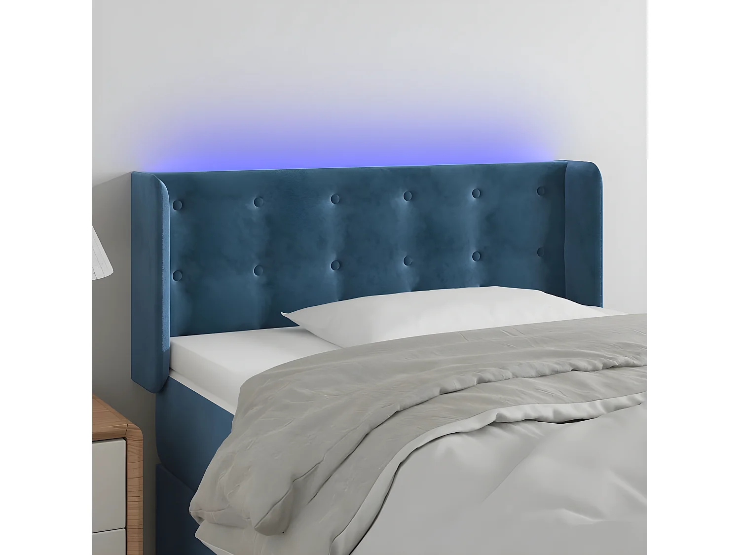 Cabeceira cama c/ luzes LED veludo 103x16x78/88 cm azul-escuro