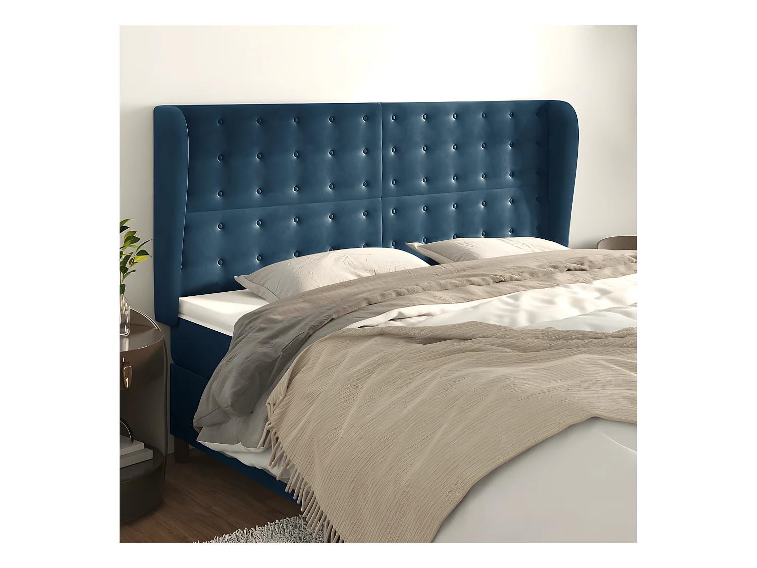 Cabeceira cama c/ abas veludo 163x23x118/128 cm azul-escuro