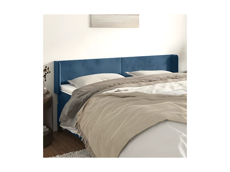 Cabeceira de cama c/ abas veludo 163x16x78/88cm azul-escuro