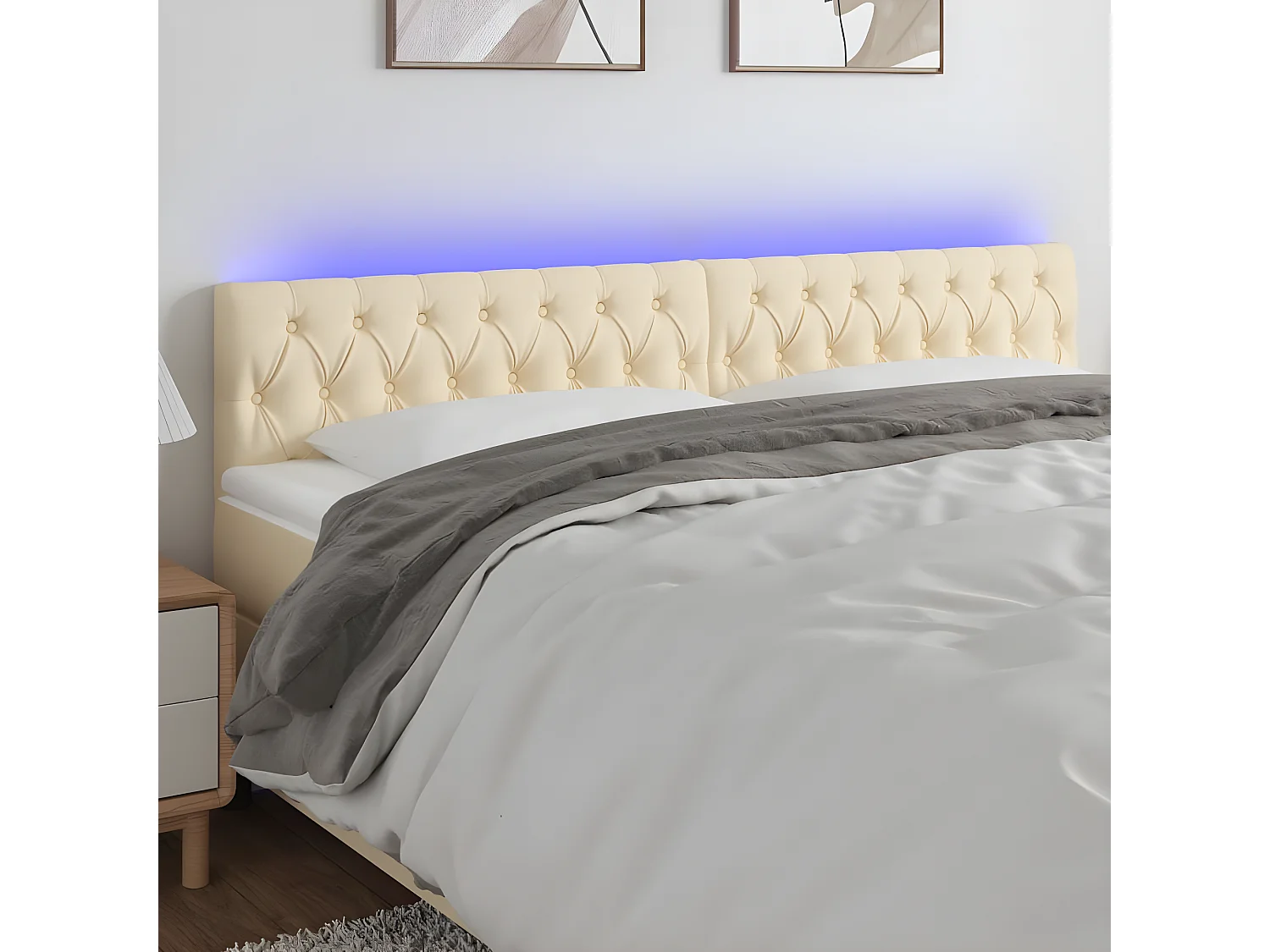 Cabeceira de cama c/ luzes LED tecido 180x7x78/88 cm cor creme