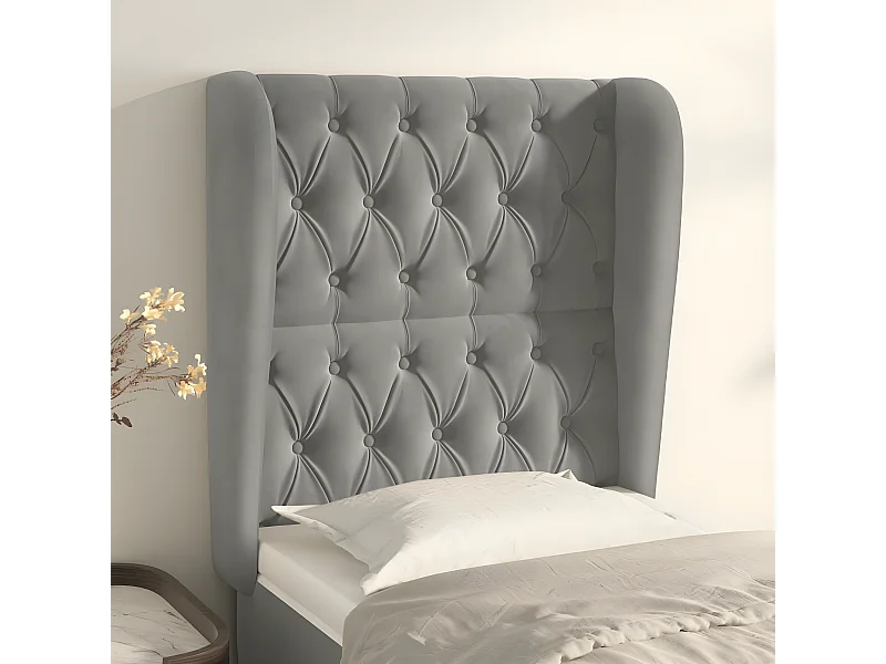 Cabeceira de cama c/ abas veludo 83x23x118/128cm cinzento-claro