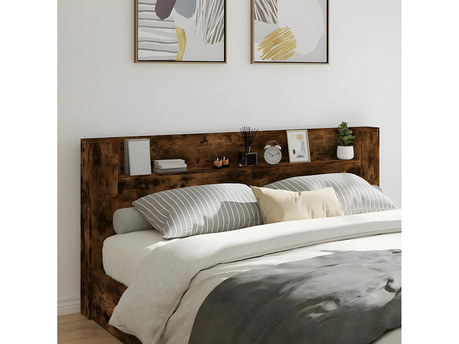 Armoire tête de lit avec LED chêne fumé 220x16,5x103,5 cm