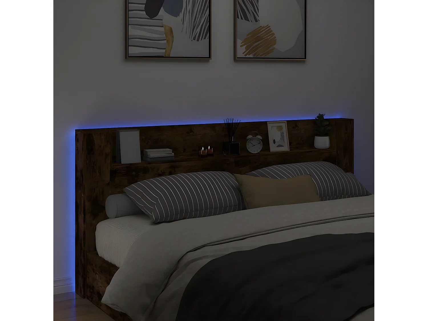 Armoire tête de lit avec LED chêne fumé 220x16,5x103,5 cm